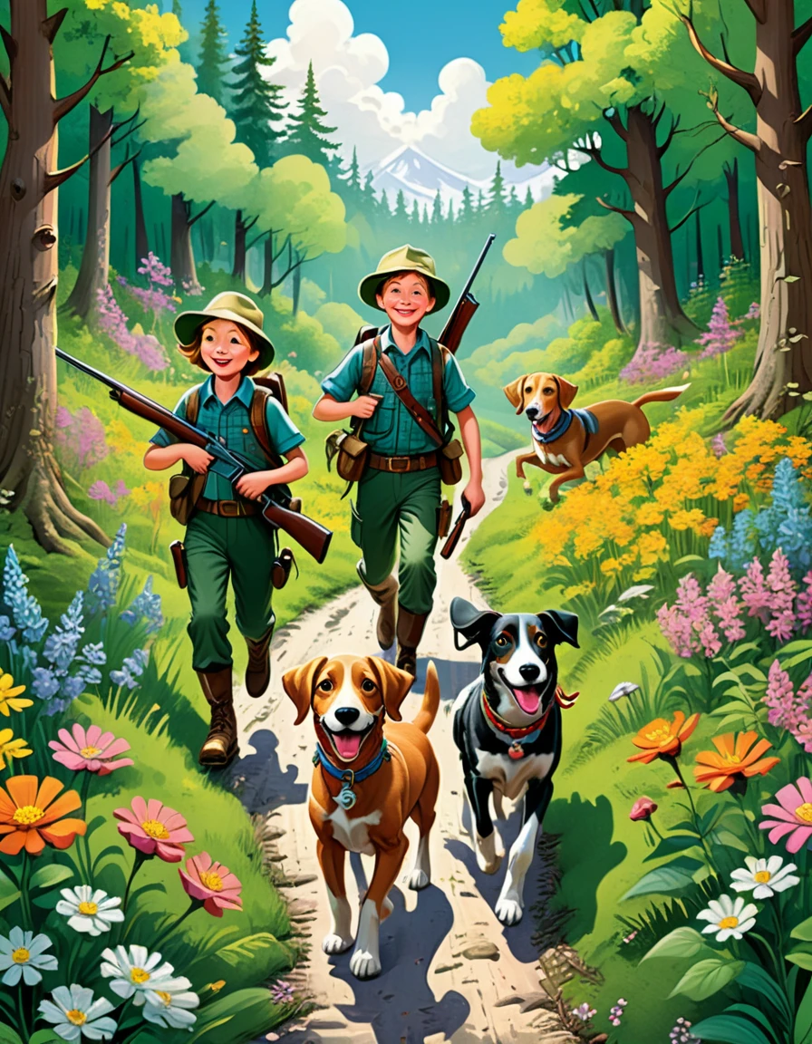 (Highest quality, Super detailed, Realistic: 1.37), Humorous, Cartoon style, Thick lines, children's storybook illustration, Bright colors,Two hunters, hunting rifles in hand, walk cautiously along a path through a flowering forest, while two hounds run frolicking around them.
