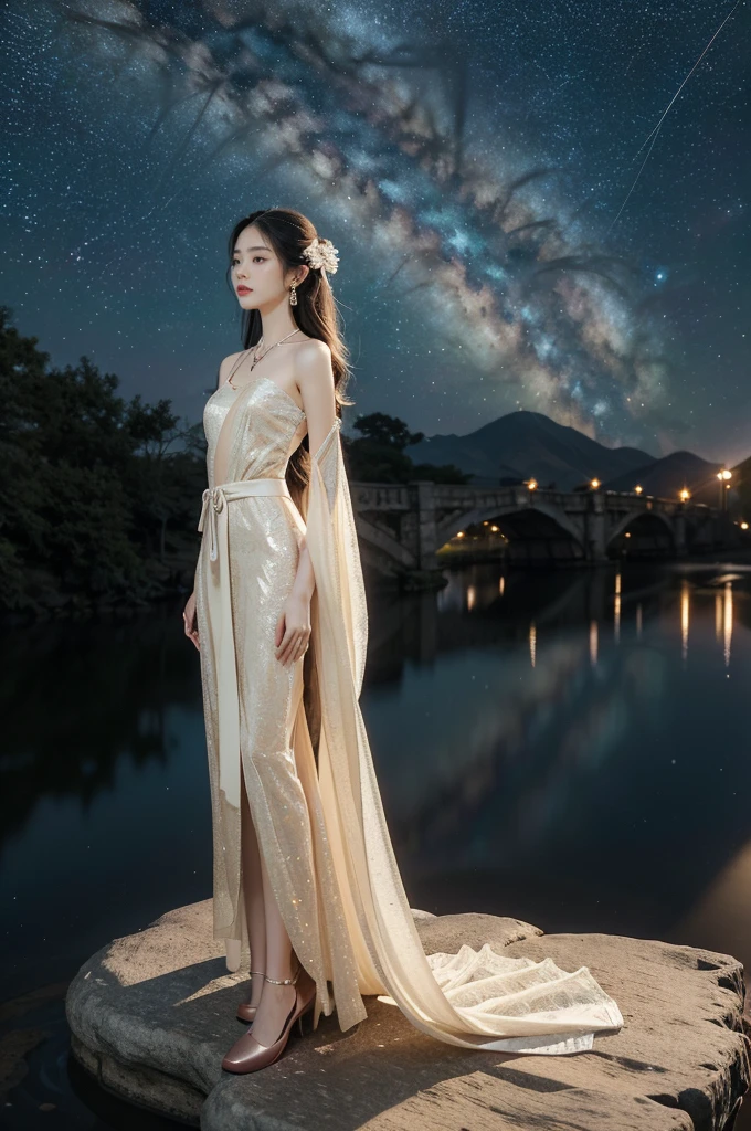 (((best quality))),(((ultra detailed))),(((masterpiece))),illustration,((1 beautiful girl,solo)),(shoulder length straight hair:1.2),((earrings,necklace)),((slim,thin)),((small breasts,flat chest)),(gorgeous sheer red Hanfu:1.5),(slender legs:1.2),(loafers:1.2),(standing:1.3),(arms behind back:1.5),(on the stone arch bridge:1.3),((starry sky,the Milky Way,horizon)),elegance, grace, sophisticated updo, delicate hairpins, twinkling stars, radiant smile, bright eyes, wonder, beauty of the night sky, intricate patterns, flowers, birds, vibrant colors, ethereal, enchanting, old bridge, weathered, sturdy, natural surroundings, serene, peaceful atmosphere, rippling water, stars, graceful silhouette, magic, tranquility, twinkling stars, mesmerizing canopy of light, cool air, crisp, faint scent of blooming flowers, contemplation, admiration, ancient China, timeless, rich culture, traditions, captivating, enchanting atmosphere, myth, legend,((from front,full body))