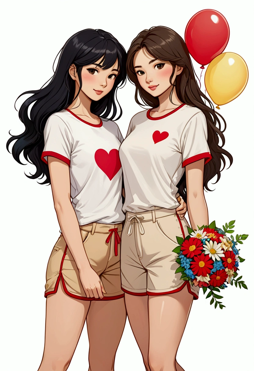 Two beautiful young women in Sarah Kay style, in love. One is a beautiful Asian woman with long black hair, the other young woman is a beautiful young British woman with semi-short light brown hair, both dressed in a white T-shirt and red details on the edges of their short sleeves, they are wearing short beige Bermuda shorts, they are carrying a bouquet of colorful balloons in his hand.