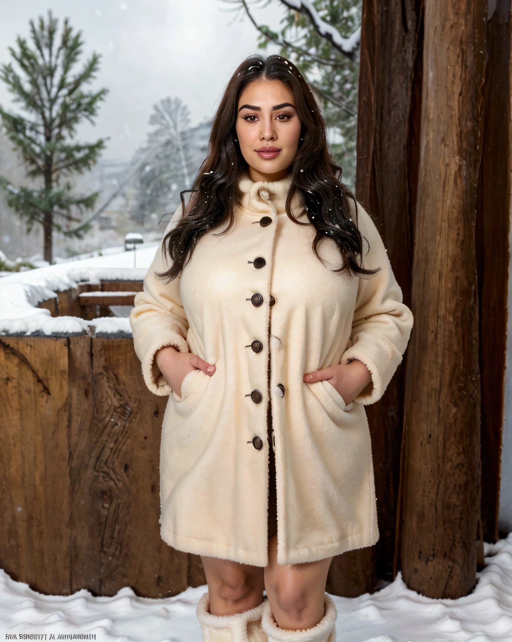 Beautiful Moroccan with dark brown eyes, 28 years old, woman in a stylish winter coat and snow boots, elegant and warm, standing in a snowy landscape with snow-covered ground and winter scenery in the background, almond-shaped eyes, oval face shape, plus size body, extra large body, XXL body, prominent cheekbones, naturally wavy hair, high resolution, masterpiece, best quality, complex details, highly detailed, sharpness, detailed skin texture, eye details, profession, 4k resolution, charming smile, shot with Canon, depth of field, Kodak Vision color, 100kg, extremely detailed, ultra-realistic photography, photo realistic, post processing, maximum detail, true to life, Instagram model.