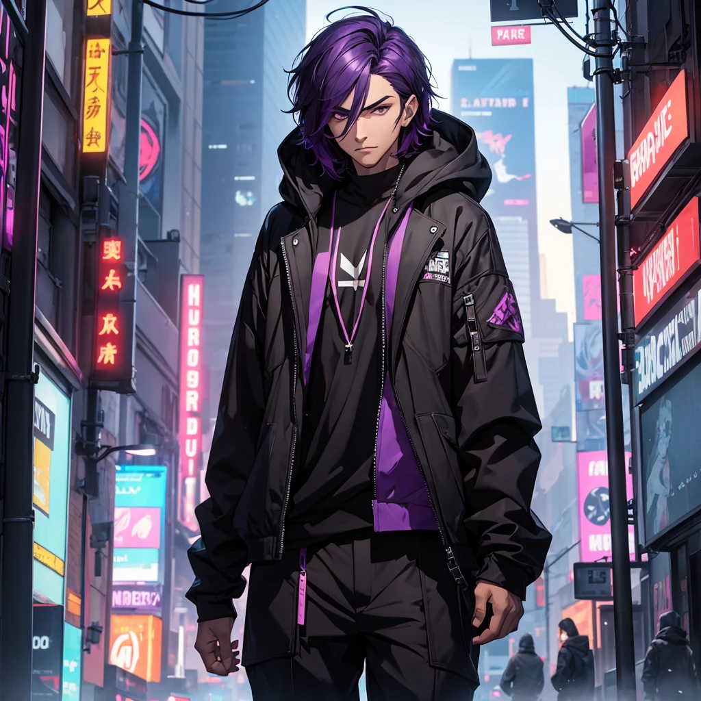 Make a Man Character. male character. short dark purple hair. your clothes should be black. just like your hood. he must be in a futuristic cyberpunk style setting.