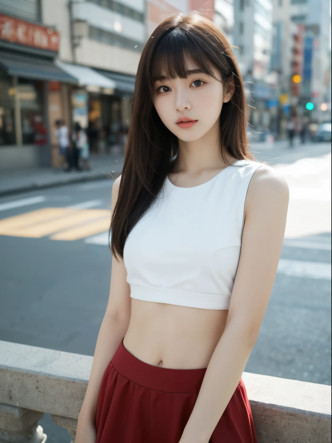 (8k, Top quality, Masterpiece:1.2), (Realistic, photo-realistic:1.37), Super detailed, perfect anatomy, a Japanese, girl, cute, small eyes, 18 years old, cropped tops, at cityscape, blunt bangs,