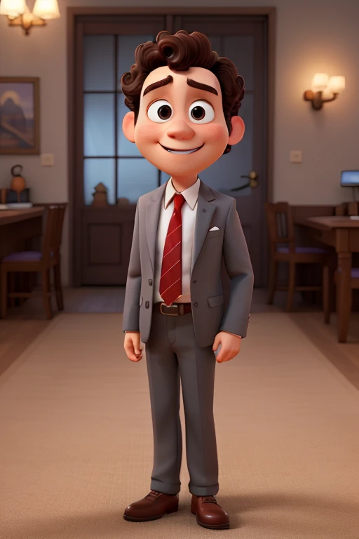 White Tall Home, Round face, very short black curly hair, dressed in gray suit and red tie,
disney pixar style