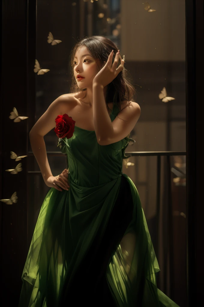 (Beautiful and bright girl:1.2),(Black Hair:1.1),Wearing a white wedding dress,happiness,smile,vitality,
white butterfly,(Red rose vine:1.2),(fresh green plants:1.1),Gentle sunlight,(masterpiece:1,2), Highest quality, masterpiece, High resolution, original, Highly detailed wallpaper, Perfect lighting,(Highly detailed CG:1.2ï¼‰