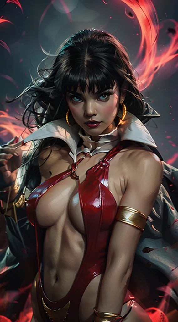 The character Vampirella, with her vampire fangs, perfect red costume, smooth curves, beautiful anatomy, walking among skulls...