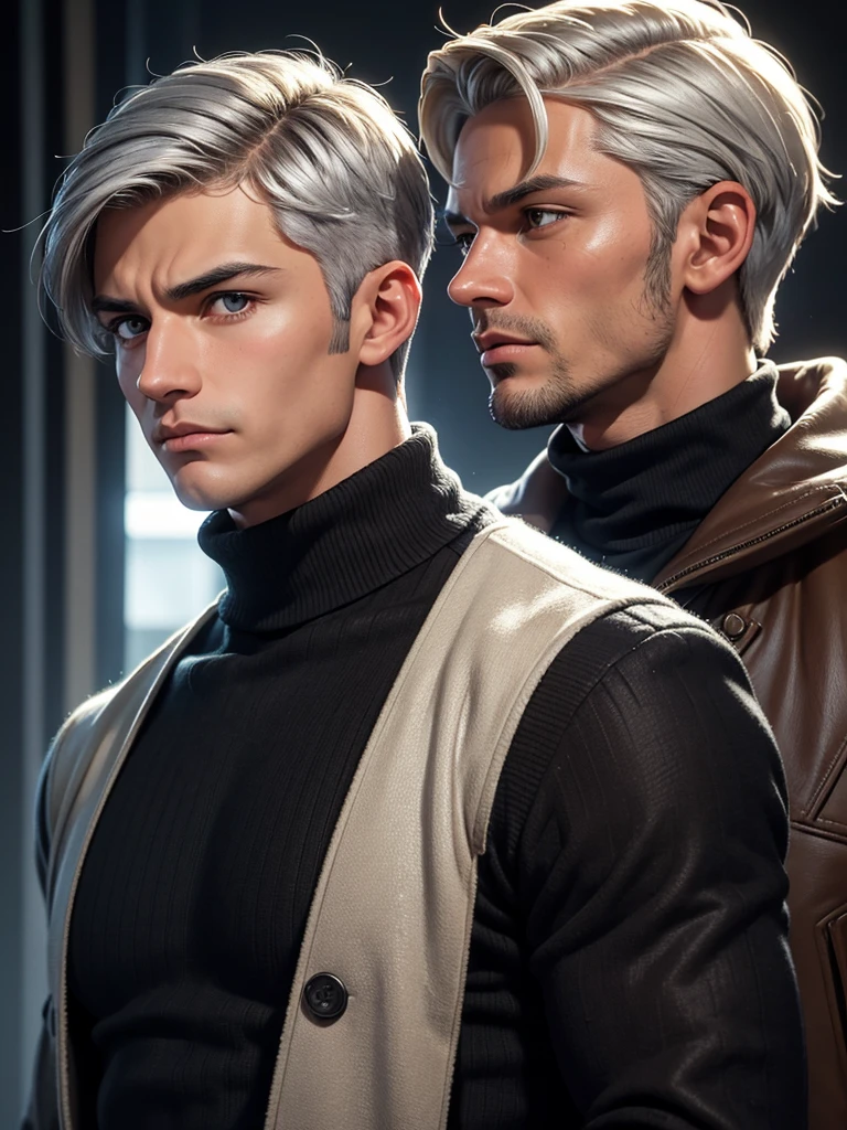 (best quality), 1boy, mature man, 34 years old, tanned skin, silver hair, short hair, hair loosely combed back, brown eyes, perfect eyes, muscular, handsome, small waist, strong jawline, cold expression, black turtleneck, coat jacket, fully clothed, clean face, masterpiece, anatomically correct, highres