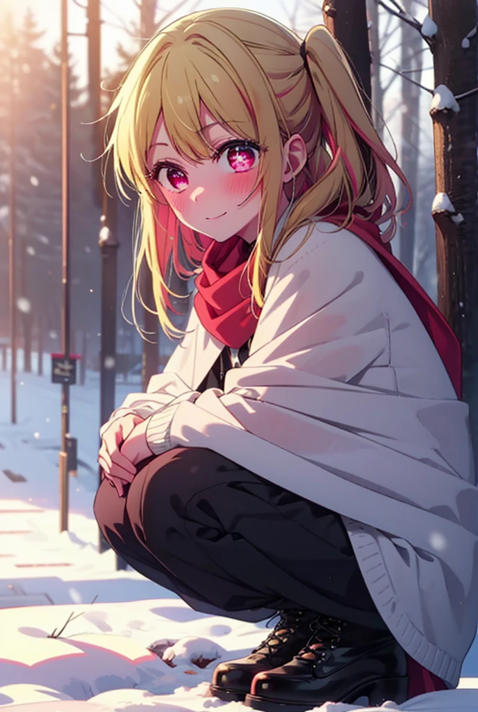 rubyhoshino, Hoshino Ruby, Long Hair, bangs, blonde, (Pink Eyes:1.3), Side Lock, (Symbol-shaped pupil:1.5), Multicolored Hair, Two-tone hair, smile,,smile,blush,white breath,
Open your mouth,snow,Ground bonfire, Outdoor, boots, snowing, From the side, wood, suitcase, Cape, Blurred, , forest, White handbag, nature,  Squat, Mouth closed, Cape, winter, Written boundary depth, Black shoes, red Cape break looking at viewer, Upper Body, whole body, break Outdoor, forest, nature, break (masterpiece:1.2), Highest quality, High resolution, unity 8k wallpaper, (shape:0.8), (Beautiful and beautiful eyes:1.6), Highly detailed face, Perfect lighting, Highly detailed CG, (Perfect hands, Perfect Anatomy),