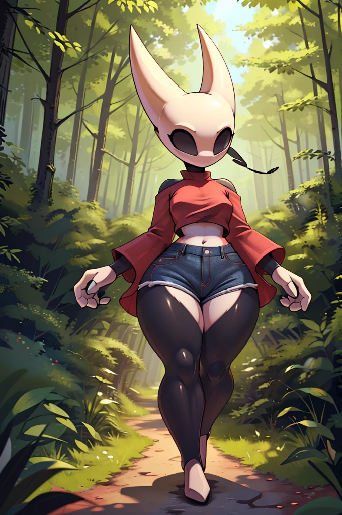 (masterpiece), ((perfect anatomy)), (high Res), (4k), hornet, ((insectoid)), ((segmented body)), ((insect body parts)), black body, (white head), 3 fingers(index, middle and thumps), flat chest, wide hips, (((red lone sleeved top))), (((tight mini shorts jeans))), walking in a forest, (((solo))), narrow waist, (cute artstyle), full body