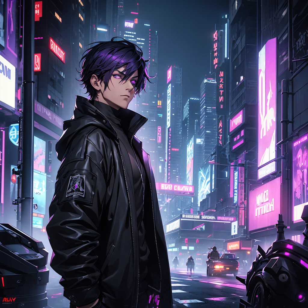 A man with short dark purple hair, wearing black clothes and a black hood, in a futuristic cyberpunk setting, highly detailed, 8k, photorealistic, cinematic lighting, dramatic shadows, moody atmosphere, sci-fi, gritty, neon lights, advanced technology, urban landscape, skyscrapers, dark city, steam punk, mechanical elements, complex background