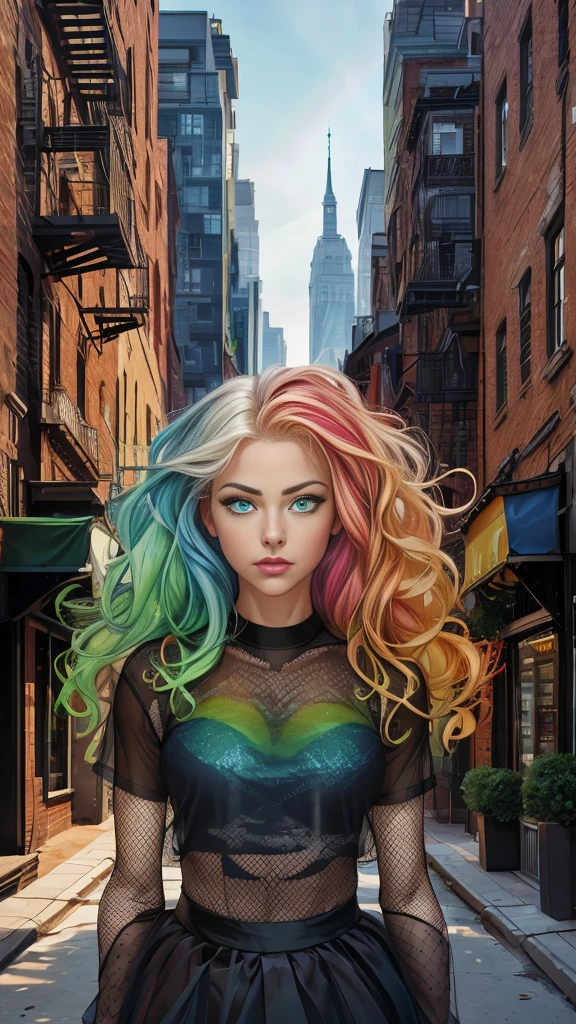 Mature teenage girl, curly blonde rainbow coloured hair, ((black mesh see through transparent shirt)), tutu skirt, fishnet stockings, partially nude, Caucasian, ((one blue eye, one green eye))