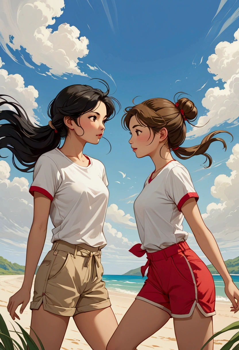 Two beautiful young women in Sarah Kay style, in love. One is an Asian woman with long black hair blowing in the wind, the other young woman is a young British woman with semi-short light brown hair tied in a bun, both dressed in a white T-shirt and red details on the edges of her short sleeves, they are wearing short colored Bermuda shorts. beige