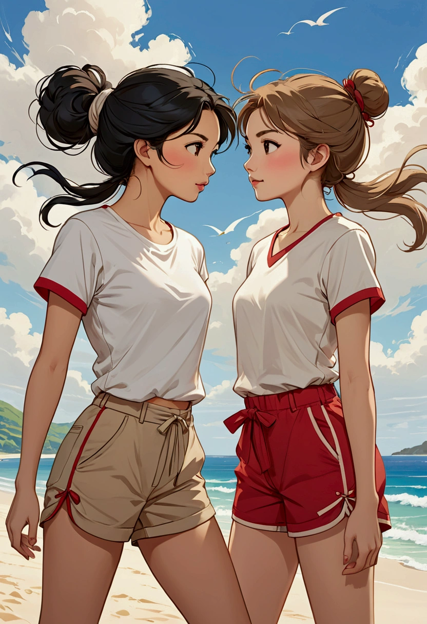 Two beautiful young women in Sarah Kay style, in love. One is an Asian woman with long black hair blowing in the wind, the other young woman is a young British woman with semi-short light brown hair tied in a bun, both dressed in a white T-shirt and red details on the edges of her short sleeves, they are wearing short colored Bermuda shorts. beige