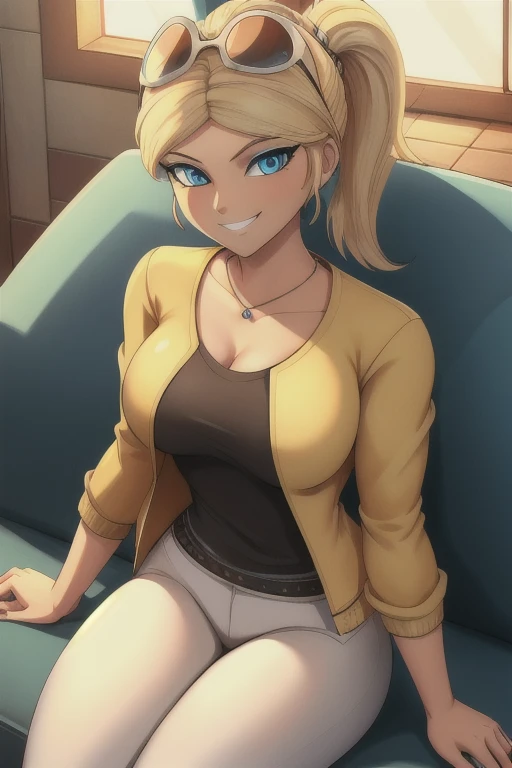 (8k, RAW photo, best quality, masterpiece:1.2), (intricate details), perfect eyes, perfect face, perfect lighting, beautiful, (masterpiece:1.2), (best quality:1.2), 1girl, solo,  chloe bourgeois, blond hair, ponytail, sunglasses on head, arrogant, haughty, haughty smile, grin, (medium breast:0.5), (average breast),  full body, sitting on the sofa, dressed, yellow jacket, shirt, white pants