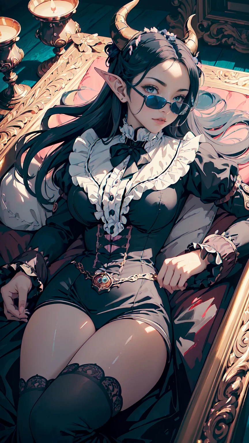 ((A masterpiece of modern digital ANIME art in 2.5 D style).(Best image quality with high resolution).(Beautiful and skillful image composition).(Beautiful perspective of the image).(Accent in portrait style)).((Pastel colors:1.5)).(Semi portrait style)
((Beautiful dark elven girl with dark blue skin)),((Long hair, black hair, voluminous hair, straight hair)),((Aesthetic body:1.4)),((Pointed ears:1)),((Massive horns)),((Wear an elaborate Victorian costume:1.3)),Dark colors of clothing , A haughty look
(a girl lying in A large dark wood coffin with sharp iron details and soft Venetian cushions.),