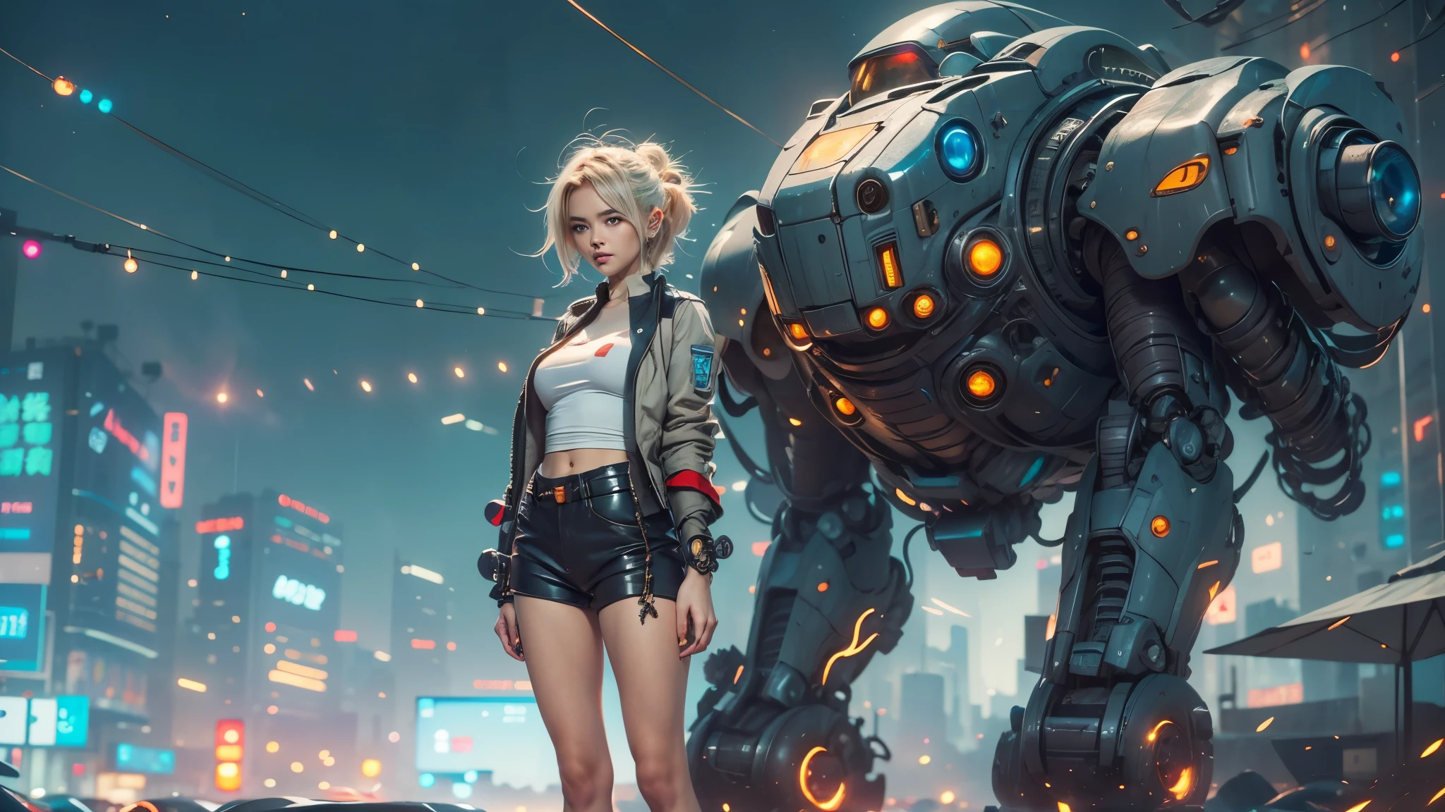 anime girl in short shorts and jacket standing next to giant robot, artwork in the style of guweiz, cyberpunk anime girl mech, trending on cgstation, guweiz, by Russell Dongjun Lu, digital cyberpunk anime art, ross tran 8 k, guweiz on artstation pixiv, girl in mecha cyber armor