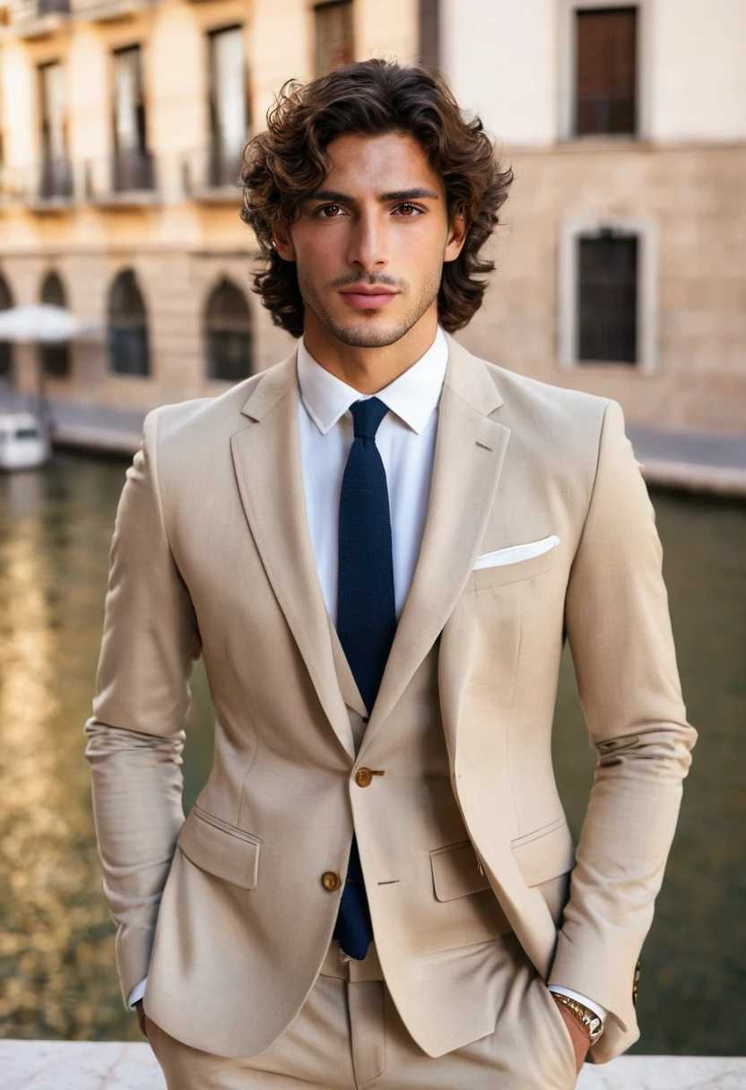 Young and handsome Spanish man with brown eyes, brown wavy hair, and lean body. He is fully clothed with a beige suit. The background is Madrid.