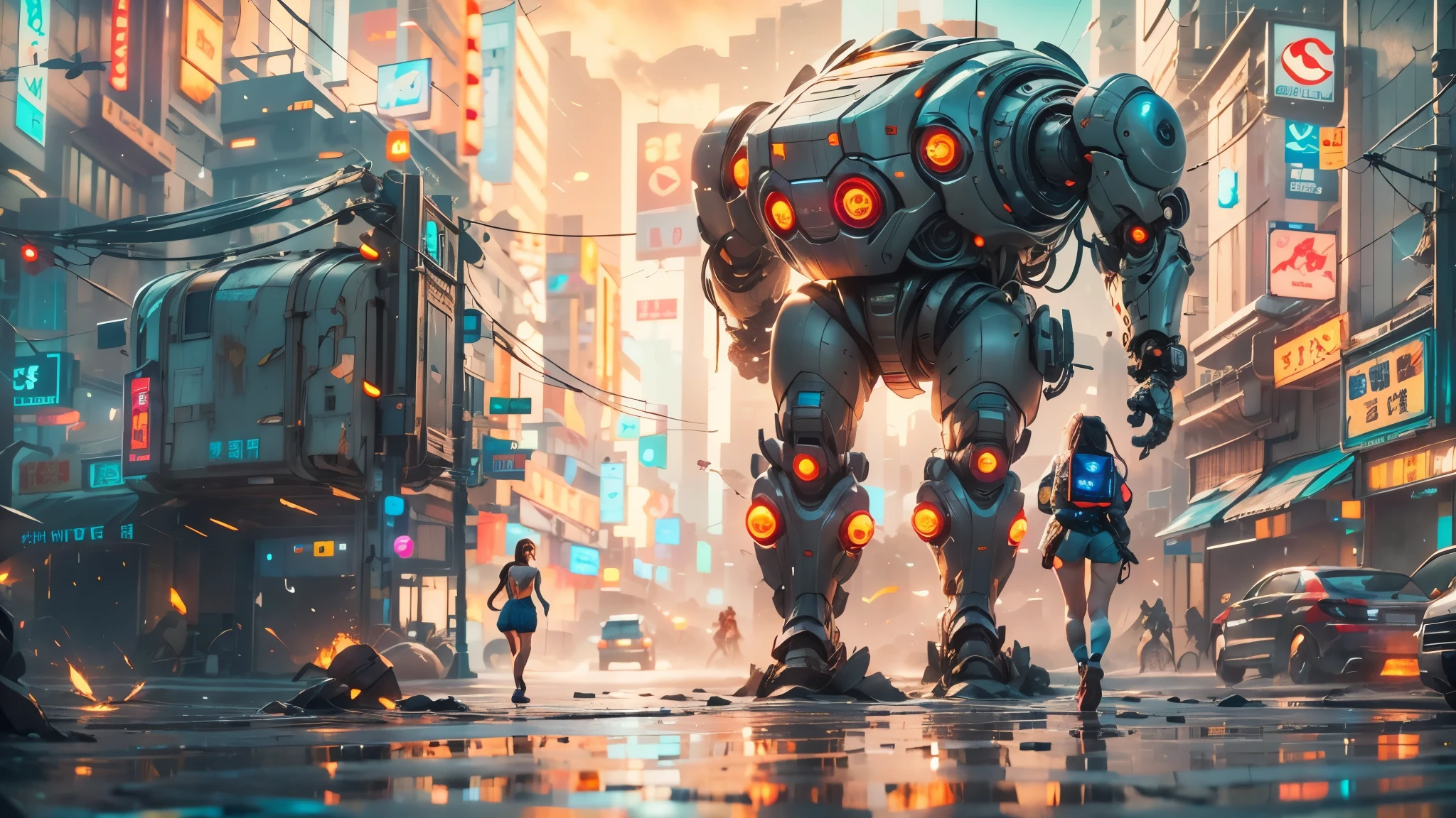 anime girl in short shorts and jacket standing next to giant robot, artwork in the style of guweiz, cyberpunk anime girl mech, trending on cgstation, guweiz, by Russell Dongjun Lu, digital cyberpunk anime art, ross tran 8 k, guweiz on artstation pixiv, girl in mecha cyber armor