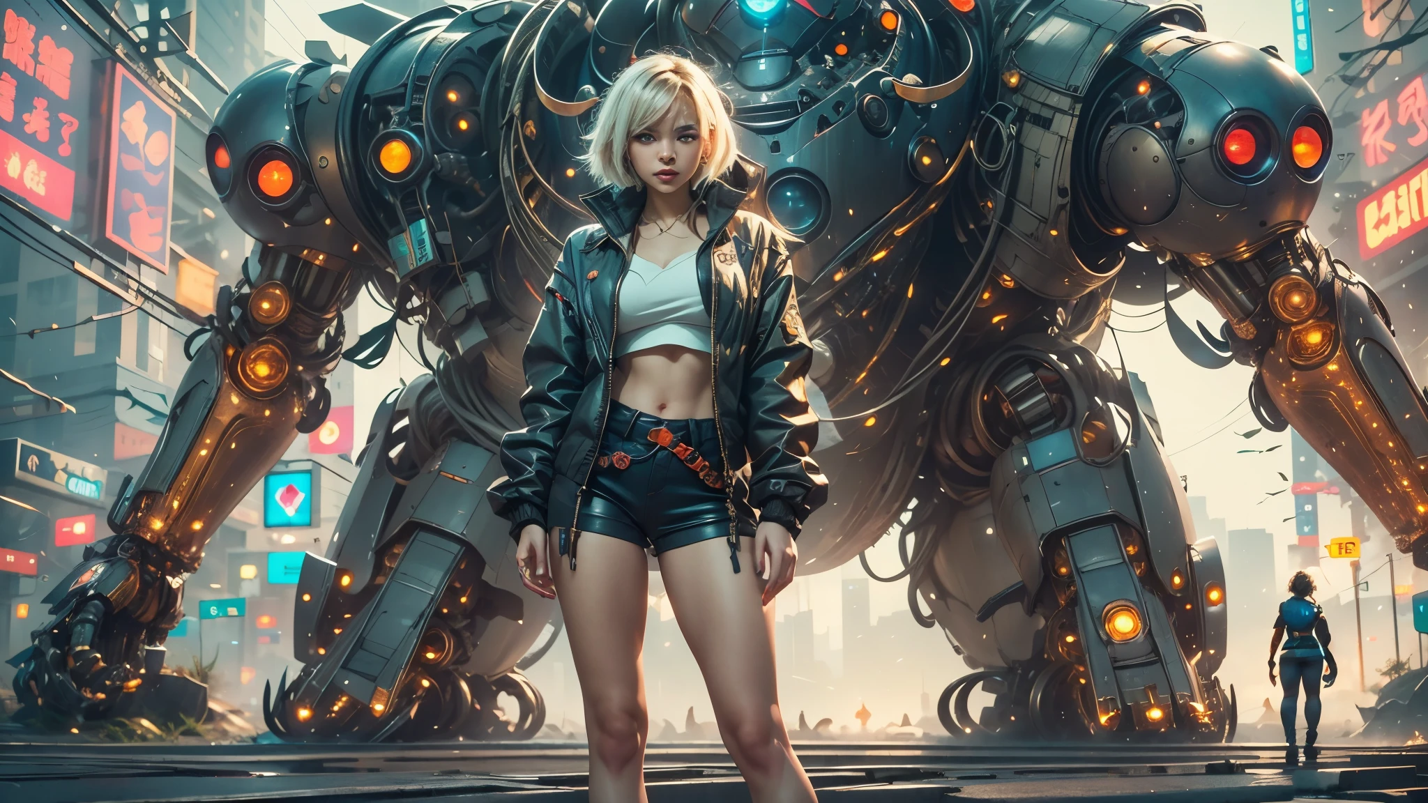 anime girl in short shorts and jacket standing next to giant robot, artwork in the style of guweiz, cyberpunk anime girl mech, trending on cgstation, guweiz, by Russell Dongjun Lu, digital cyberpunk anime art, ross tran 8 k, guweiz on artstation pixiv, girl in mecha cyber armor