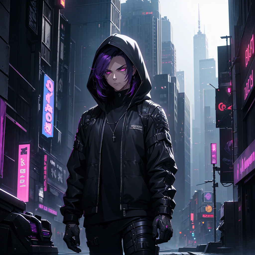 A man with short dark purple hair, wearing black clothes and a black hood, in a futuristic cyberpunk setting, highly detailed, 8k, photorealistic, cinematic lighting, dramatic shadows, moody atmosphere, sci-fi, gritty, neon lights, advanced technology, urban landscape, skyscrapers, dark city, steam punk, mechanical elements, complex background