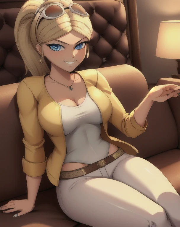 (8k, RAW photo, best quality, masterpiece:1.2), (intricate details), perfect eyes, perfect face, perfect lighting, beautiful, (masterpiece:1.2), (best quality:1.2), 1girl, solo, chloe bourgeois, blond hair, ponytail, sunglasses on head, arrogant, haughty, haughty smile, grin, (medium breast:0.5), (average breast), full body, sitting on the sofa, dressed, yellow jacket, shirt, white pants
