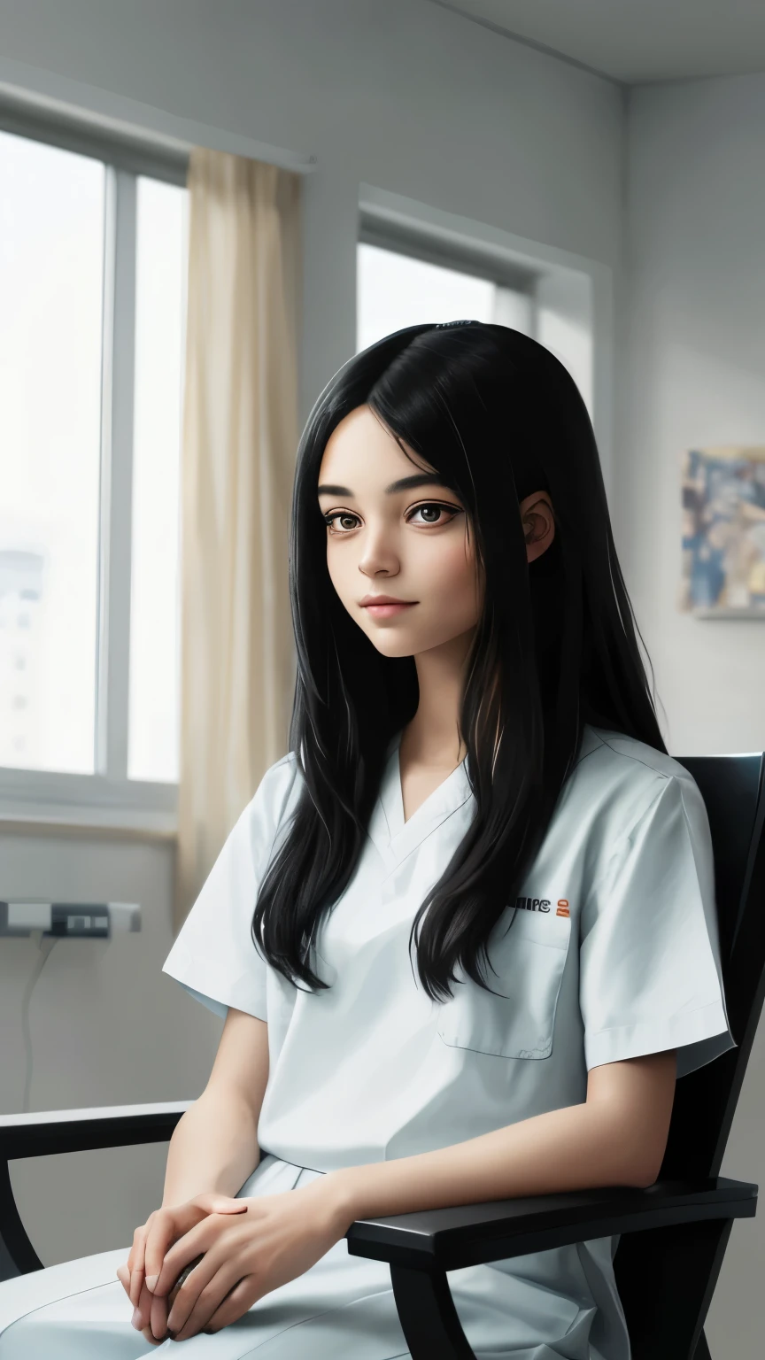 ((best quality)), ((masterpiece)), (detailed), A digital illustration of a long black haired girl sitting in a chair and looking relaxed in a hospital setting