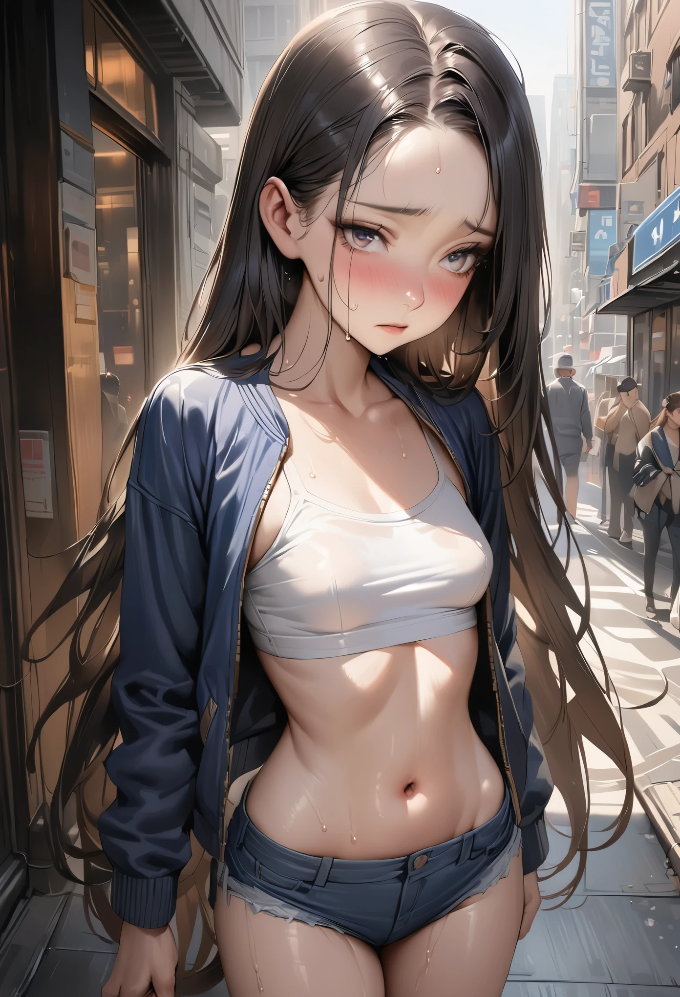 (((masterpiece,Highest quality:1.3,best quality illustration))),((realistic:1.2)),cowboy shot,独奏,1woman,(Mature Beauty),black hair,straight long hair,forehead,center parted bangs,black eyes,(gorgeous big eyes),((very small head:1.2)),shy,((very long body,skinny,slender body)),((Navy blue baseball jacket)),small breasts,gleaming skin,oily skin,sweat,denim micro shorts,navel、Wearing a white tube top shirt and a blouson,on street,New York City、
