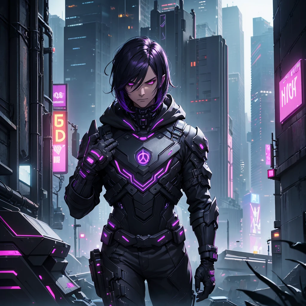 A man with short dark purple hair, wearing black clothes and a black hood, in a futuristic cyberpunk setting, highly detailed, 8k, photorealistic, cinematic lighting, dramatic shadows, moody atmosphere, sci-fi, gritty, neon lights, advanced technology, urban landscape, skyscrapers, dark city, steam punk, mechanical elements, complex background