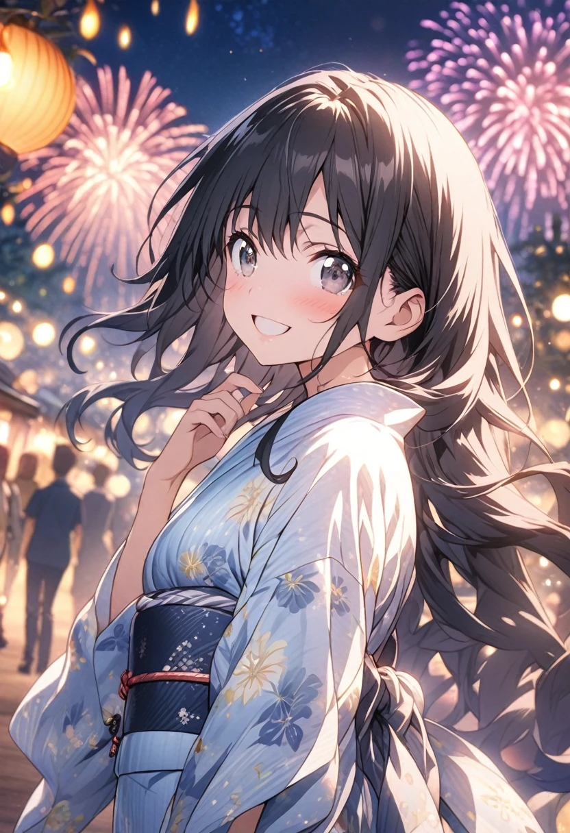masterpiece, Highest quality, Highly detailed CG Unity 8k wallpaper, High School Girl Anime Illustration. Please wear a yukata、She looks up at the sky with sparkling eyes、She's opening her mouth, smile. The background is a light pastel colored landscape., 1girl,long hair,Black hair,Black eyes, Cowboy Shot、night, Lots of fireworks, bokeh photography, (soft focus):1.2, out-of-focus highlights, dreamy ambiance, glowing circles, mesmerizing depth