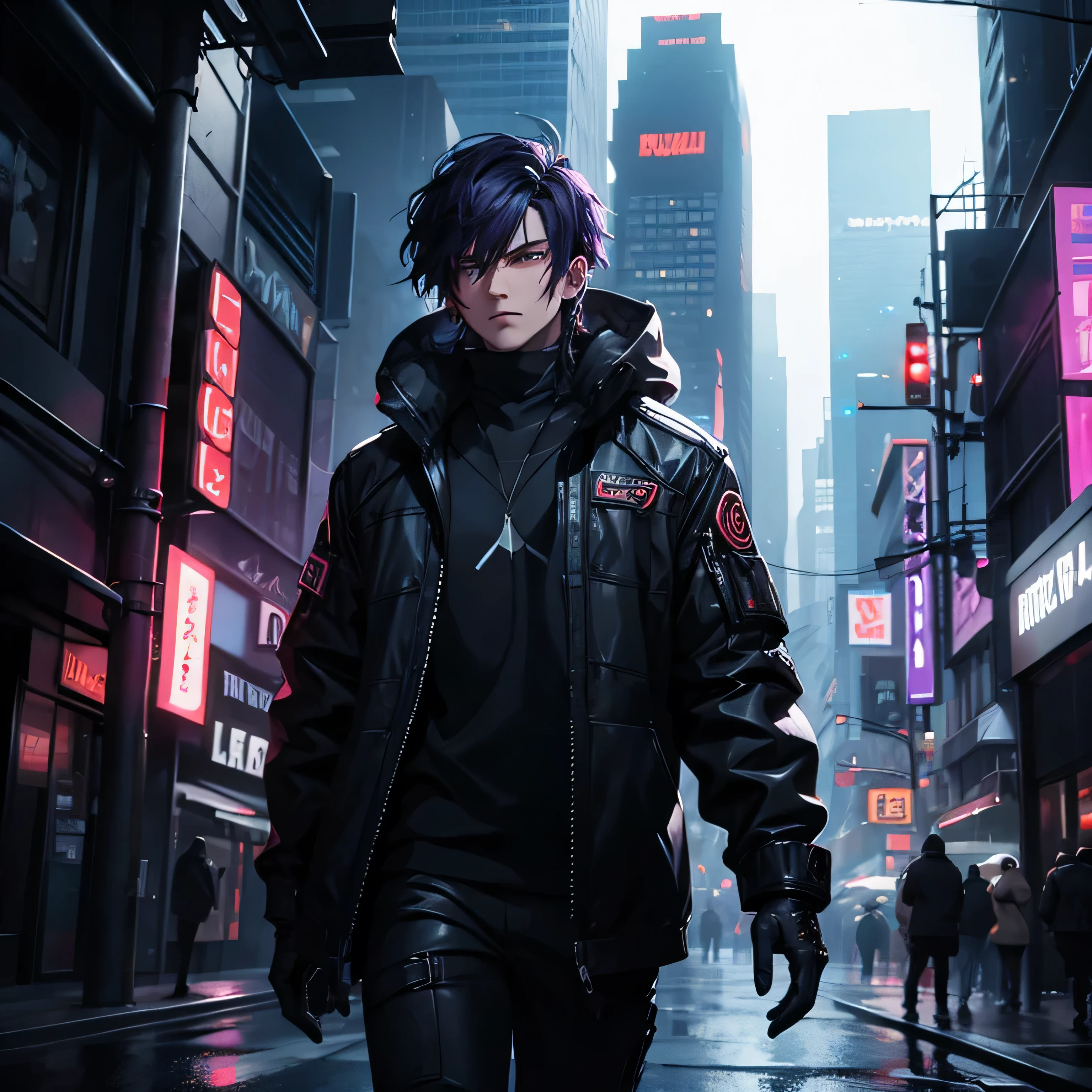 A man with short dark purple hair, wearing black clothes and a black hood, in a futuristic cyberpunk setting, highly detailed, 8k, photorealistic, cinematic lighting, dramatic shadows, moody atmosphere, sci-fi, gritty, neon lights, advanced technology, urban landscape, skyscrapers, dark city, steam punk, mechanical elements, complex background