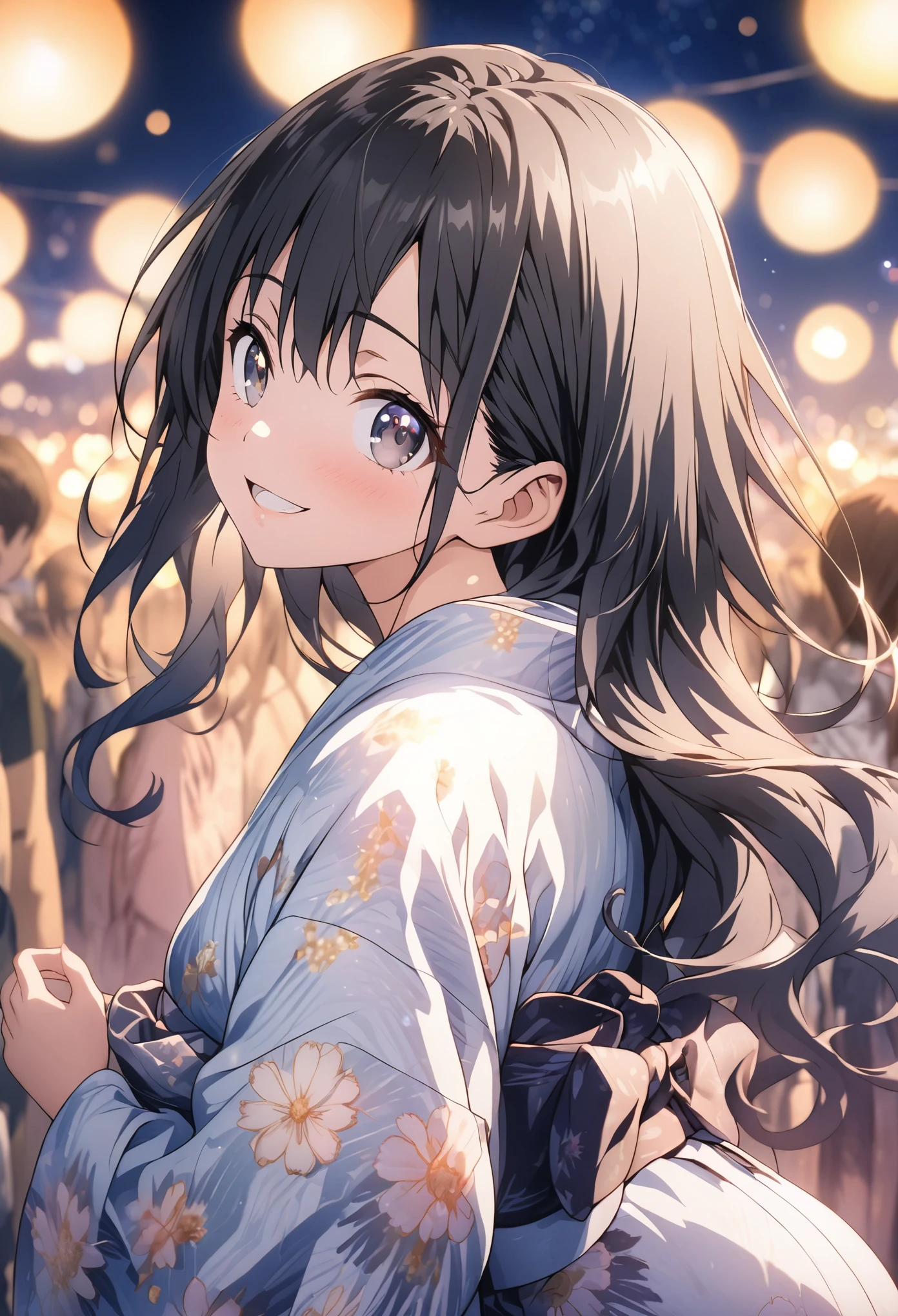 masterpiece, Highest quality, Highly detailed CG Unity 8k wallpaper, High School Girl Anime Illustration. Please wear a yukata、She looks up at the sky with sparkling eyes、She's opening her mouth, smile. The background is a light pastel colored landscape., 1girl,long hair,Black hair,Black eyes, Cowboy Shot、night, Lots of fireworks, bokeh photography, (soft focus):1.2, out-of-focus highlights, dreamy ambiance, glowing circles, mesmerizing depth