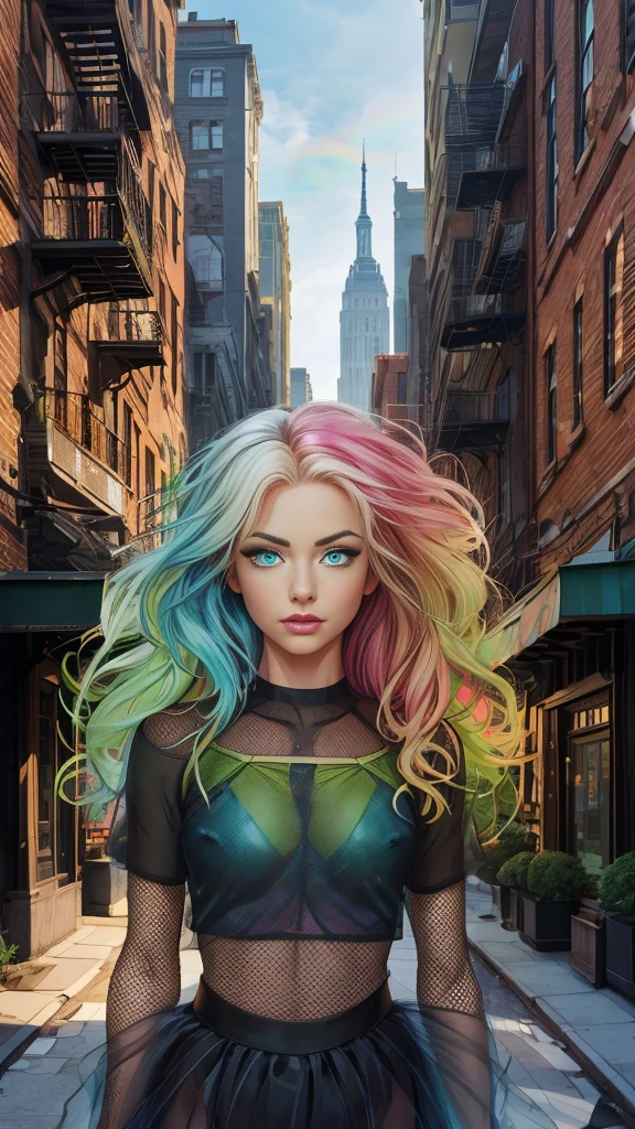 Mature age girl, curly blonde rainbow coloured hair, ((black mesh see through transparent top)), tutu skirt, fishnet stockings, ((partially nude)), small perfect breasts, Caucasian, ((one blue eye, one green eye))