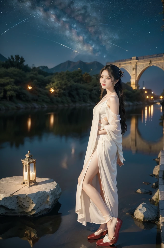 (((best quality))),(((ultra detailed))),(((masterpiece))),illustration,((1 beautiful girl,solo)),(shoulder length straight hair:1.2),((earrings,necklace)),((slim,thin)),((small breasts,flat chest)),(gorgeous sheer red Hanfu:1.5),(slender legs:1.2),(loafers:1.2),(standing:1.3),(arms behind back:1.5),(on the stone arch bridge:1.3),((starry sky,the Milky Way,horizon)),elegance, grace, sophisticated updo, delicate hairpins, twinkling stars, radiant smile, bright eyes, wonder, beauty of the night sky, intricate patterns, flowers, birds, vibrant colors, ethereal, enchanting, old bridge, weathered, sturdy, natural surroundings, serene, peaceful atmosphere, rippling water, stars, graceful silhouette, magic, tranquility, twinkling stars, mesmerizing canopy of light, cool air, crisp, faint scent of blooming flowers, contemplation, admiration, ancient China, timeless, rich culture, traditions, captivating, enchanting atmosphere, myth, legend,((from front,full body))
