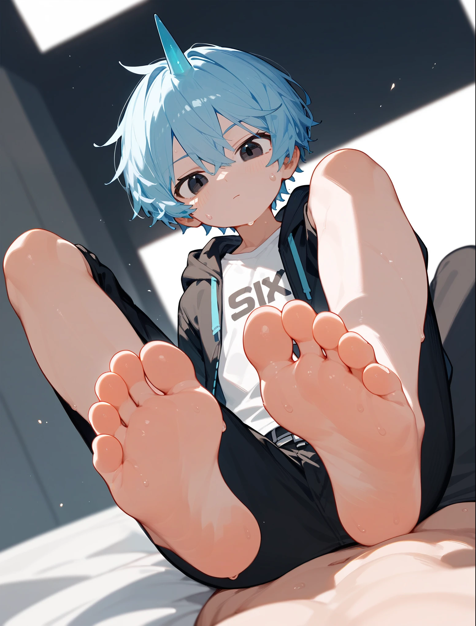 A boy showing his feet from a low angle,barefoot, Foot Focus,White T-shirt,Foot Focus,Sweating on the soles of the feet, Black Hooded Jacket, There are bangs between the eyes,short hair,Light blue hair, Black pants, Anatomically correct, There is a blue horn in the middle of the head, black eyes, Looking at the audience,Annoying,Sitting on another man's body,Sitting on the body,Sitting on the audience's body,Cute boy ass sitting on another man body,Subjective Views。First Perspective,The boy sits on you,观众要从First Perspective看到自己身体