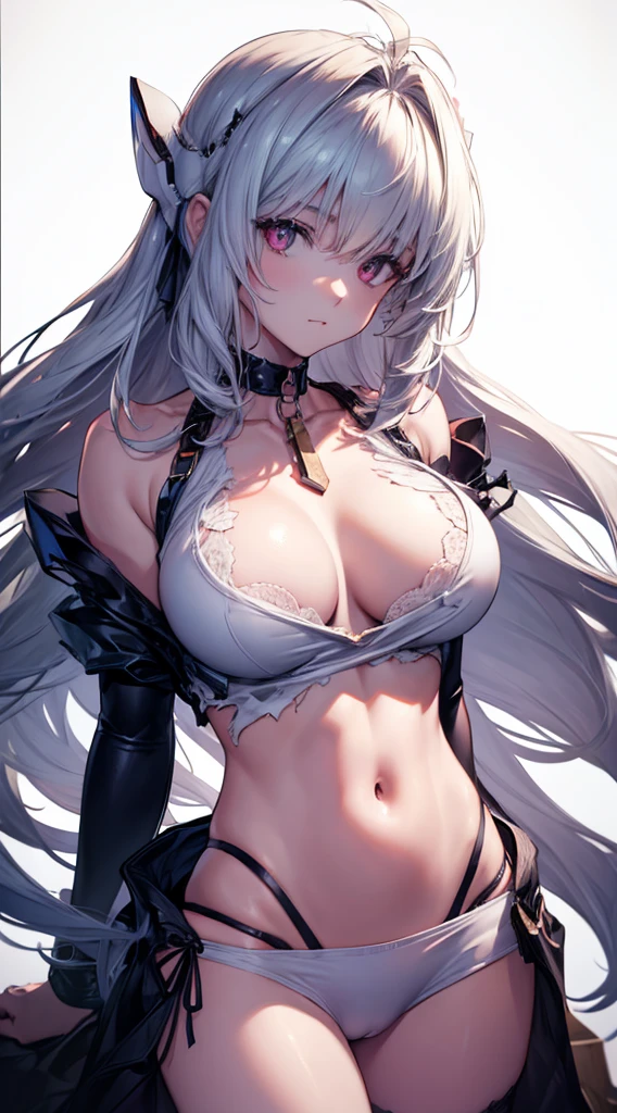 (((Masterpiece))), (portrait), diffused light, dynamic shadows, sharp focus, realistic, detailed, highres, absurdres, anatomically correct, seductive face, white background, torn clothes, looking to the side, black choker, belly button, medium breast