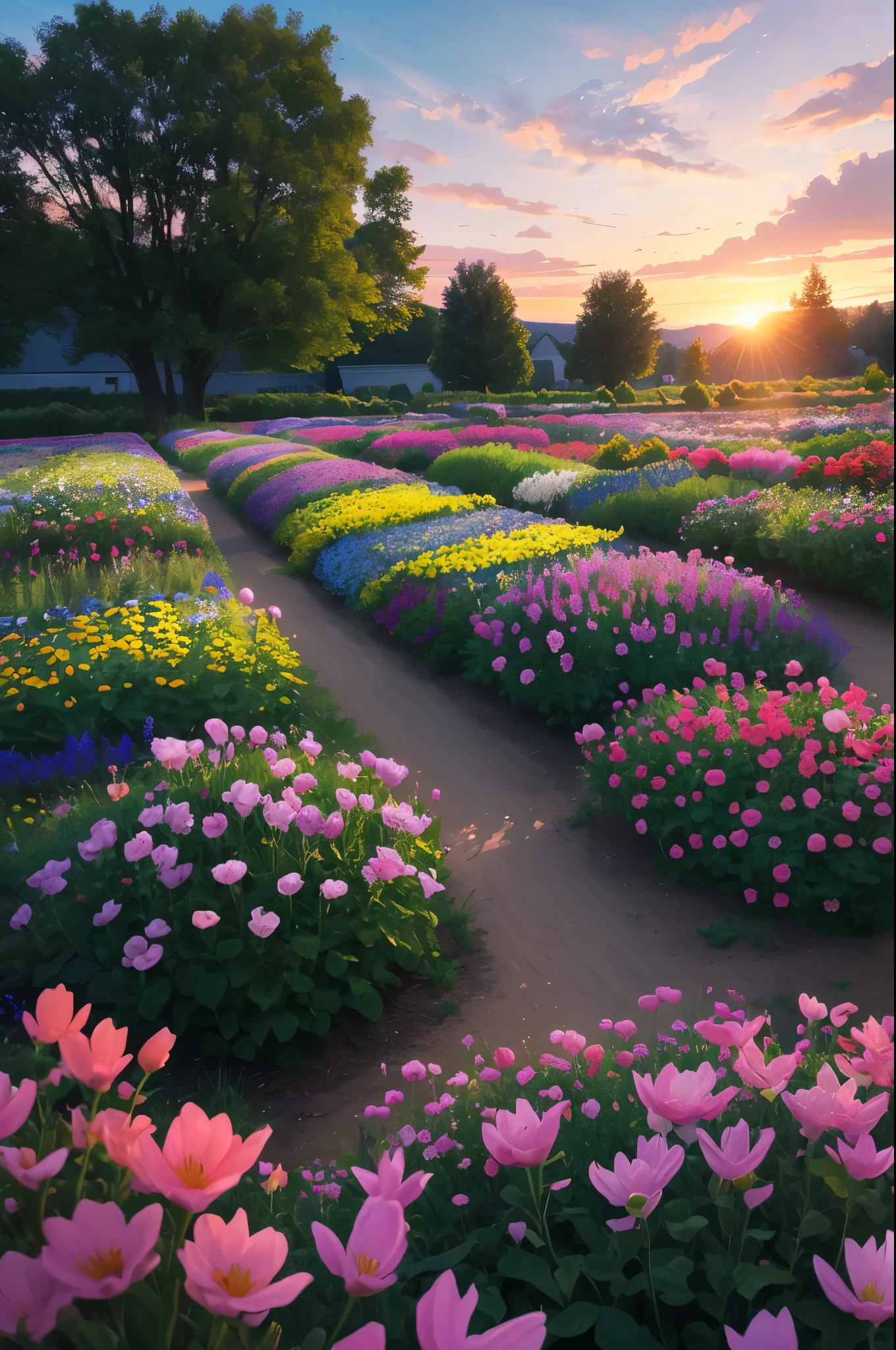 arafed view of a field of flowers with a sunset in the background, flower garden summer morning, beautiful border, in a cottagecore flower garden, cottagecore flower garden, lush flowery outdoors, incredibly beautiful, beautiful setting, beautiful lush colors, beautiful garden, flower garden, beautiful scene, flowers garden, very very beautiful!