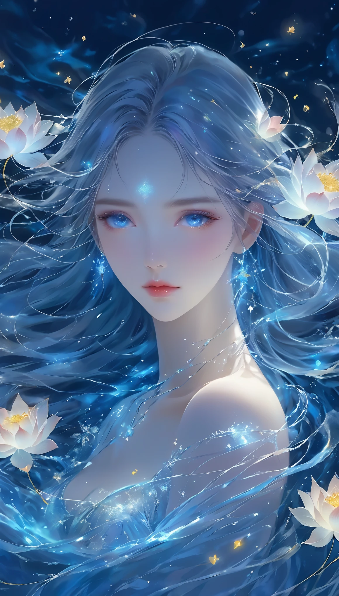 Seven part photos, masterpiece, best quality, Official Art, Extremely detailed CG 8k wallpaper,(Flying petals)(Detailed ice) , water晶质感皮肤, Cold expression, White hair, Long hair, Messy hair, blue eyes, Looking at the audience, Extremely refined, water, ((Beautiful and delicate eyes)), Very detailed, light,((Pretty Face),fine water surface, (Original figure painting), Very detailed, Very detailed, (Extremely refined), Beautiful and delicate eyes,Imagine a glass woman, Her exquisite figure is like a work of art, Crying under the stars. The blue night enveloped her, A melancholy light enveloped her graceful figure. Her glass Body Glows with bright blue hues, Every line and curve is engraved with intricate detail. The glass in her eyes reflects the twinkling stars, Embodying the infinite depth and emotion of the universe. Her sadness is beyond words, But her beautiful figure remains unaffected, Proof of the extraordinary power of emotion. This 4K glass woman is a delicate painting of light and shadow, color, and feeling, arrive,Body Glow,Glowing Line,Fluorescence,Glow Example,Tracking Example,flash,萤Light Particles,Backlight,translucent,Light Particles,Correct human anatomy,