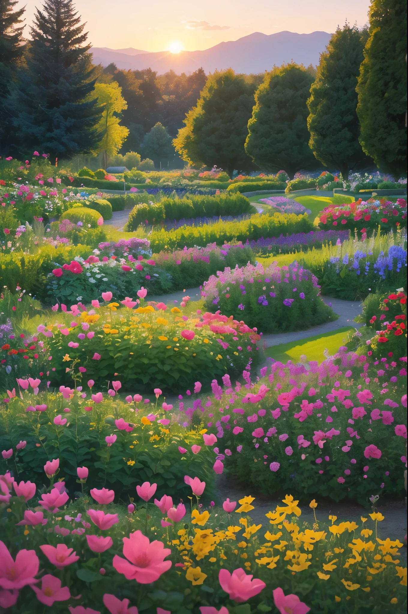 arafed view of a field of flowers with a sunset in the background, a pastel by Carol Bove, flickr, fine art, flower garden summer morning, beautiful border, in a cottagecore flower garden, cottagecore flower garden, lush flowery outdoors, incredibly beautiful, beautiful setting, beautiful lush colors, beautiful garden, flower garden, beautiful scene