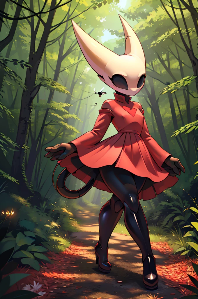 (masterpiece), ((perfect anatomy)), (high Res), (4k), hornet, ((insectoid)), ((segmented body)), ((insect body parts)), black body, (white head), 3 fingers(index, middle and thumps), flat chest, wide hips, (((red lone sleeved dress))), (((black high boots))), walking in a forest, (((solo))), narrow waist, (cute artstyle), full body