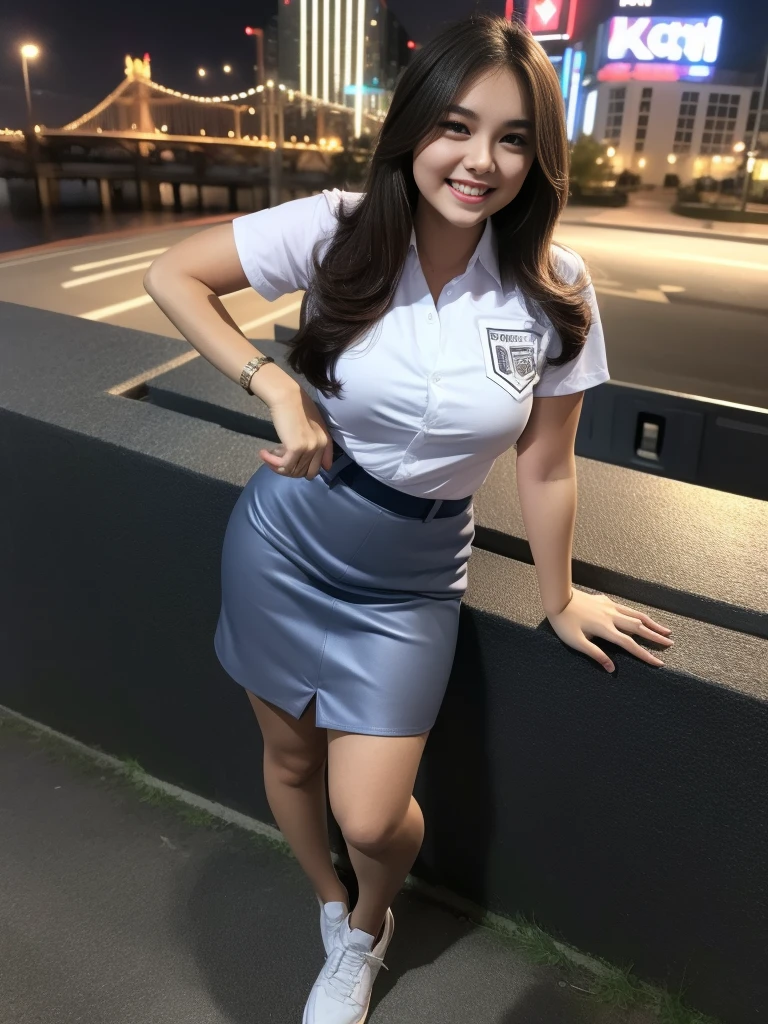 1girl, solo, (uniform), standing, outdoors, Night view, Metropolitan city scenery at the background, (ultra wide angle shot: 1.4), beautiful scenery, detailed face, seductive smile, detailed eyes, thick breasts, smooth skin, tight white shirt, grey blue short skirt, looking at the audience, low angle shot,(8k, RAW photo, best quality, masterpiece: 1.2), (realistic, realistic: 1.37), ultra-high resolution