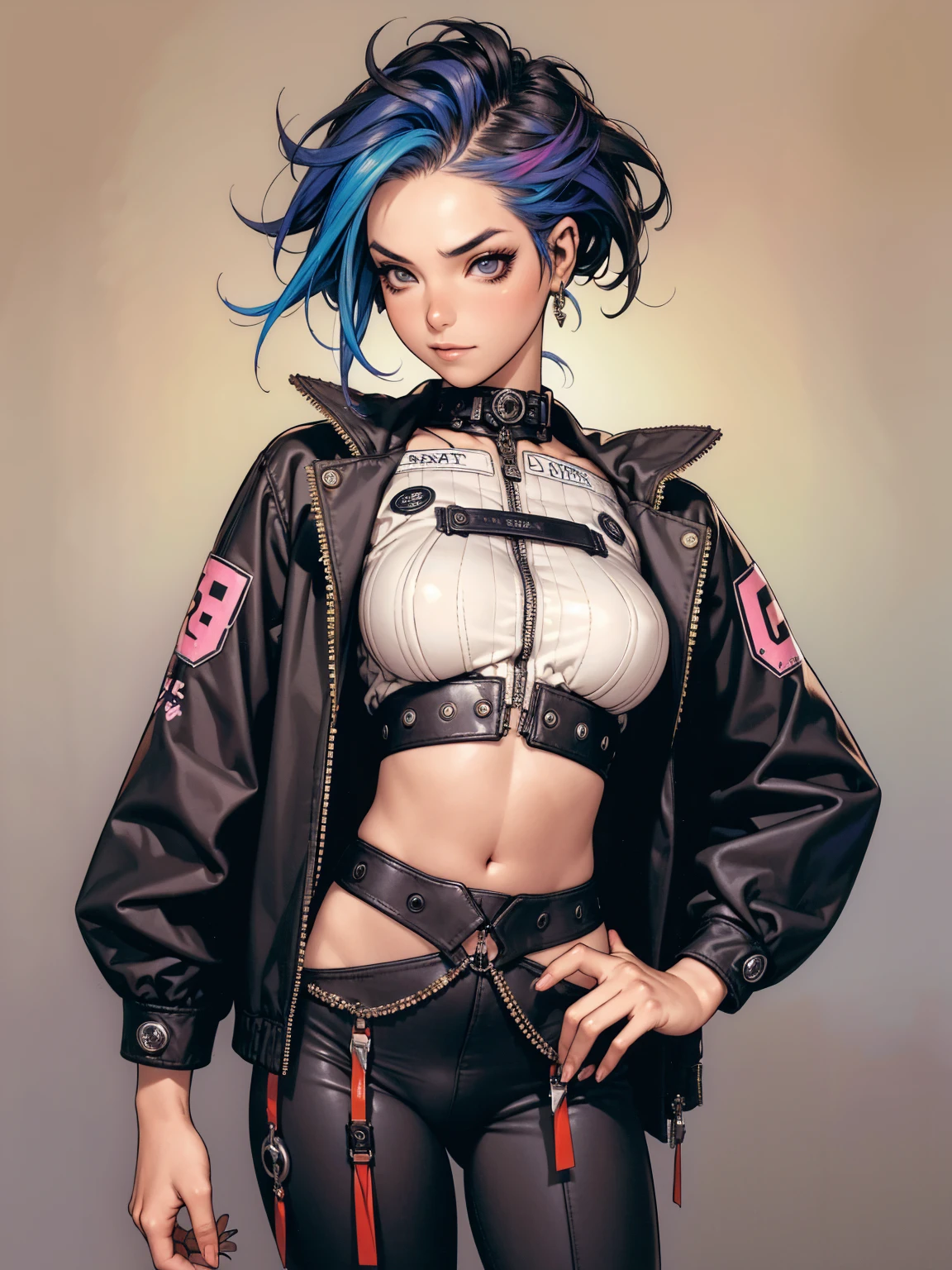(((best qualityer))), (((manga strokes))), (((freckles))), (((colorful punk hair))), jacket with rivets and screws, uma Kizi jovem muito bem vestida com roupas modernas de inverno, pants with red and black zig-zag pattern, top gift vertical stripes, short jacket with dark fur collar, beautiful and expressive face, slightly-smile, big eyes with long black eyelashes, heavy make-up, chains and zippers spread across clothes, contrasting colours, pose de atitude, hair with a modern and futuristic cut, urban game poster art, dramatic camera angles, graffiti art elements in the background, design mixing contemporary and retro by Shepard Fairey, (((cowboy shot))), (((best qualityer: 1.4))), (Unbeatable masterpiece), (hiper HD),(CG 8k hyper-realistic), Kizi, (((standing alone))), pirralha violent, (((14歳))), sexly, pose de atitude, work of art, post-apocalypse, (((manga style))), bounty hunter, violent, Manic, the way you want, slenderbody, thin but strong, perfectbody, roupa moderna, advanced technology, neon, sleeves with vertical striped pattern, neutral background, (( cowboy shot )). intricate visual