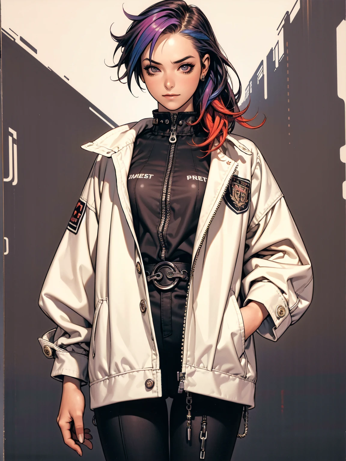 (((best qualityer))), (((manga strokes))), (((colorful punk hair))), jacket with rivets and screws, uma Kizi jovem muito bem vestida com roupas modernas de inverno, pants with red and black zig-zag pattern, top gift vertical stripes, short jacket with dark fur collar, beautiful and expressive face, slightly-smile, big eyes with long black eyelashes, heavy make-up, chains and zippers spread across clothes, contrasting colours, pose de atitude, hair with a modern and futuristic cut, urban game poster art, dramatic camera angles, graffiti art elements in the background, design mixing contemporary and retro by Shepard Fairey, (((cowboy shot))), (((best qualityer: 1.4))), (Unbeatable masterpiece), (hiper HD),(CG 8k hyper-realistic), Kizi, (((standing alone))), pirralha violent, ((())), sexly, pose de atitude, work of art, post-apocalypse, (((manga style))), bounty hunter, violent, Manic, the way you want, slenderbody, thin but strong, perfectbody, roupa moderna, advanced technology, neon, sleeves with vertical striped pattern, neutral background, (( cowboy shot )). intricate visual