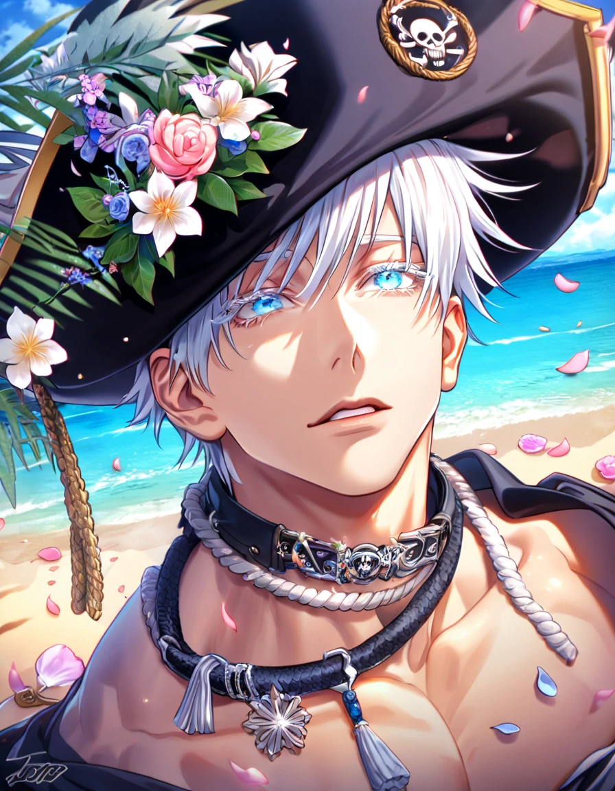 absurdres, highres, ultra detailed, HDR, master piece, best quality, Gojou Satoru, white hair, expressive blue eyes, white eyelashes, Jujutsu Kaisen, solo, sexy man, handsome, horny, lewd, black hat, fantasy black pirate clothes, accessories, showing the chest, beach, sea, petals, flowers