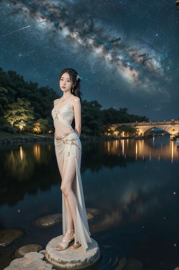 (((best quality))),(((ultra detailed))),(((masterpiece))),illustration,((1 beautiful girl,solo)),(shoulder length straight hair:1.2),((earrings,necklace)),((slim,thin)),((small breasts,flat chest)),(gorgeous sheer red Hanfu:1.5),(slender legs:1.2),(loafers:1.2),(standing:1.3),(arms behind back:1.5),(on the stone arch bridge:1.3),((starry sky,the Milky Way,horizon)),elegance, grace, sophisticated updo, delicate hairpins, twinkling stars, radiant smile, bright eyes, wonder, beauty of the night sky, intricate patterns, flowers, birds, vibrant colors, ethereal, enchanting, old bridge, weathered, sturdy, natural surroundings, serene, peaceful atmosphere, rippling water, stars, graceful silhouette, magic, tranquility, twinkling stars, mesmerizing canopy of light, cool air, crisp, faint scent of blooming flowers, contemplation, admiration, ancient China, timeless, rich culture, traditions, captivating, enchanting atmosphere, myth, legend,((from front,full body))