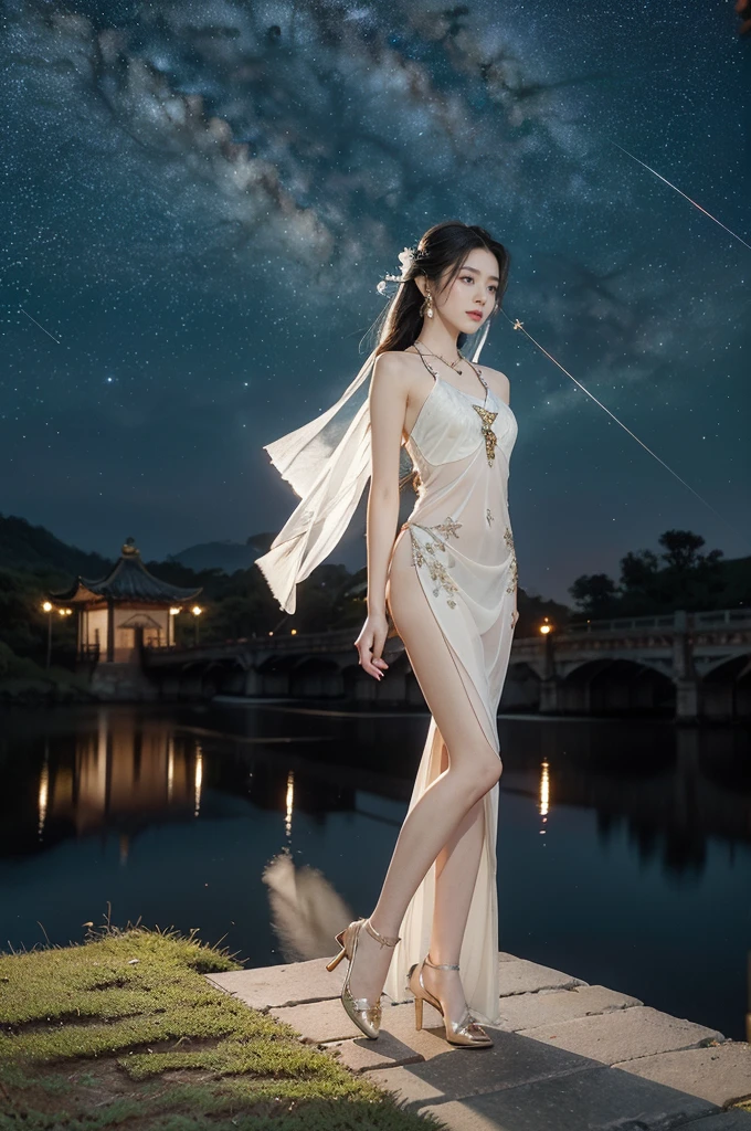 (((best quality))),(((ultra detailed))),(((masterpiece))),illustration,((1 beautiful girl,solo)),(shoulder length straight hair:1.2),((earrings,necklace)),((slim,thin)),((small breasts,flat chest)),(gorgeous sheer red Hanfu:1.5),(slender legs:1.2),(loafers:1.2),(standing:1.3),(arms behind back:1.5),(on the stone arch bridge:1.3),((starry sky,the Milky Way,horizon)),elegance, grace, sophisticated updo, delicate hairpins, twinkling stars, radiant smile, bright eyes, wonder, beauty of the night sky, intricate patterns, flowers, birds, vibrant colors, ethereal, enchanting, old bridge, weathered, sturdy, natural surroundings, serene, peaceful atmosphere, rippling water, stars, graceful silhouette, magic, tranquility, twinkling stars, mesmerizing canopy of light, cool air, crisp, faint scent of blooming flowers, contemplation, admiration, ancient China, timeless, rich culture, traditions, captivating, enchanting atmosphere, myth, legend,((from front,full body))