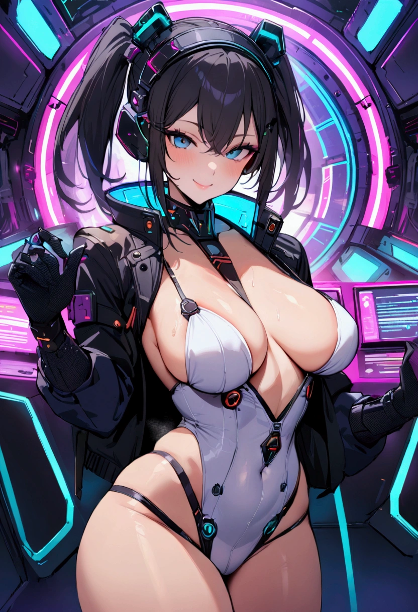 masterpiece,Highest quality,Super quality,Almost naked,Sexy costume,cyber punk,smile,Beautiful breasts,Female Operator