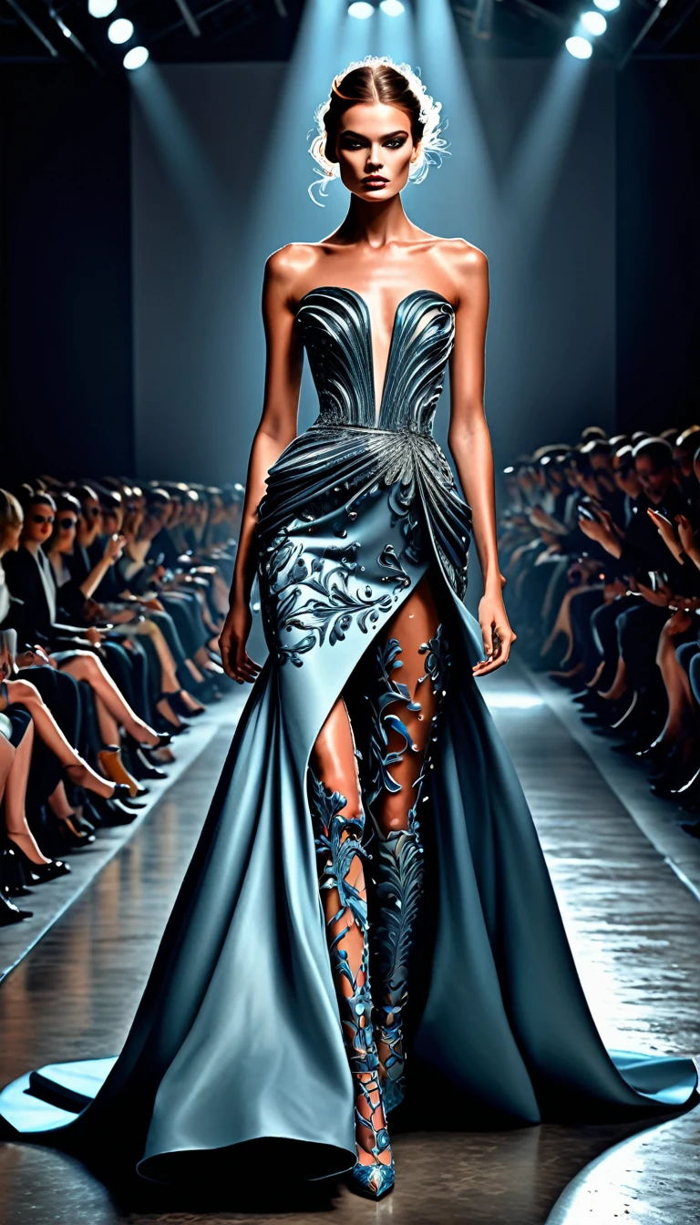 Hyper-realistic digital painting of a high-fashion model strutting down the runway during a prestigious fashion show. The model wears an avant-garde, haute couture gown with intricate detailing and luxurious fabrics. The lighting is dramatic, with spotlights highlighting the model and casting dynamic shadows. The background features an elegant runway setup with an audience of fashion enthusiasts and photographers capturing the moment. The model's expression is confident and fierce, embodying the epitome of runway glamour. Cinematic composition, trending on ArtStation.