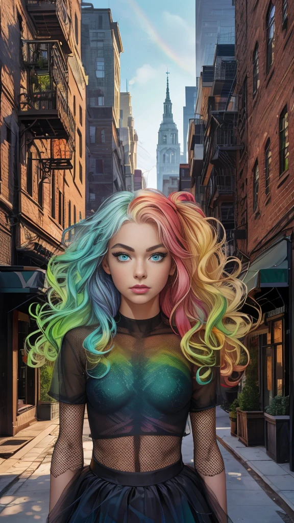 Mature age girl, curly blonde rainbow coloured hair, ((black mesh see through transparent top)), tutu skirt, fishnet stockings, ((naked)), small perfect breasts, Caucasian, ((one blue eye, one green eye))