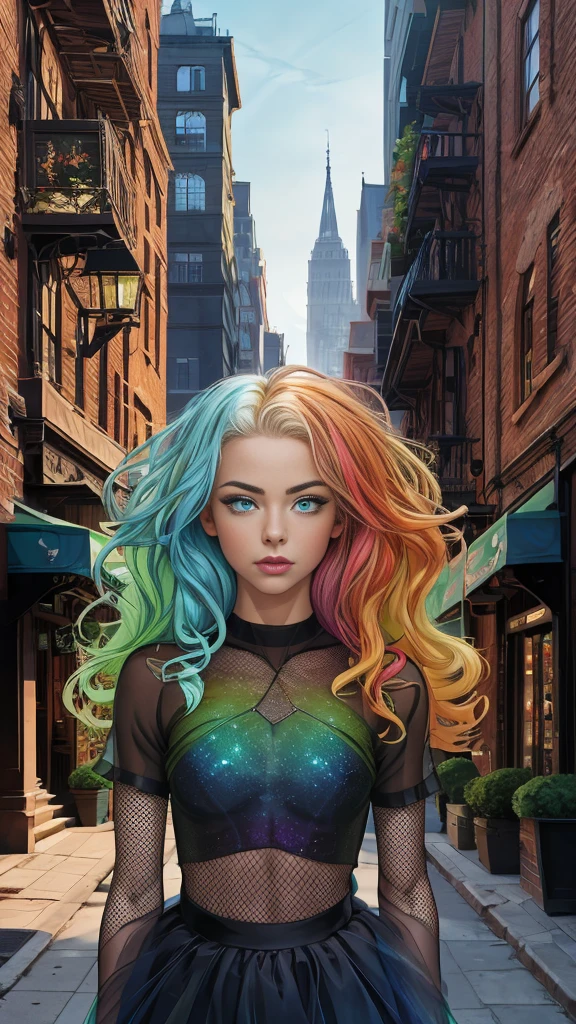 Mature teenage girl, curly blonde rainbow coloured hair, ((black mesh see through transparent top)), tutu skirt, fishnet stockings, ((naked)), small perfect breasts, Caucasian, ((one blue eye, one green eye))