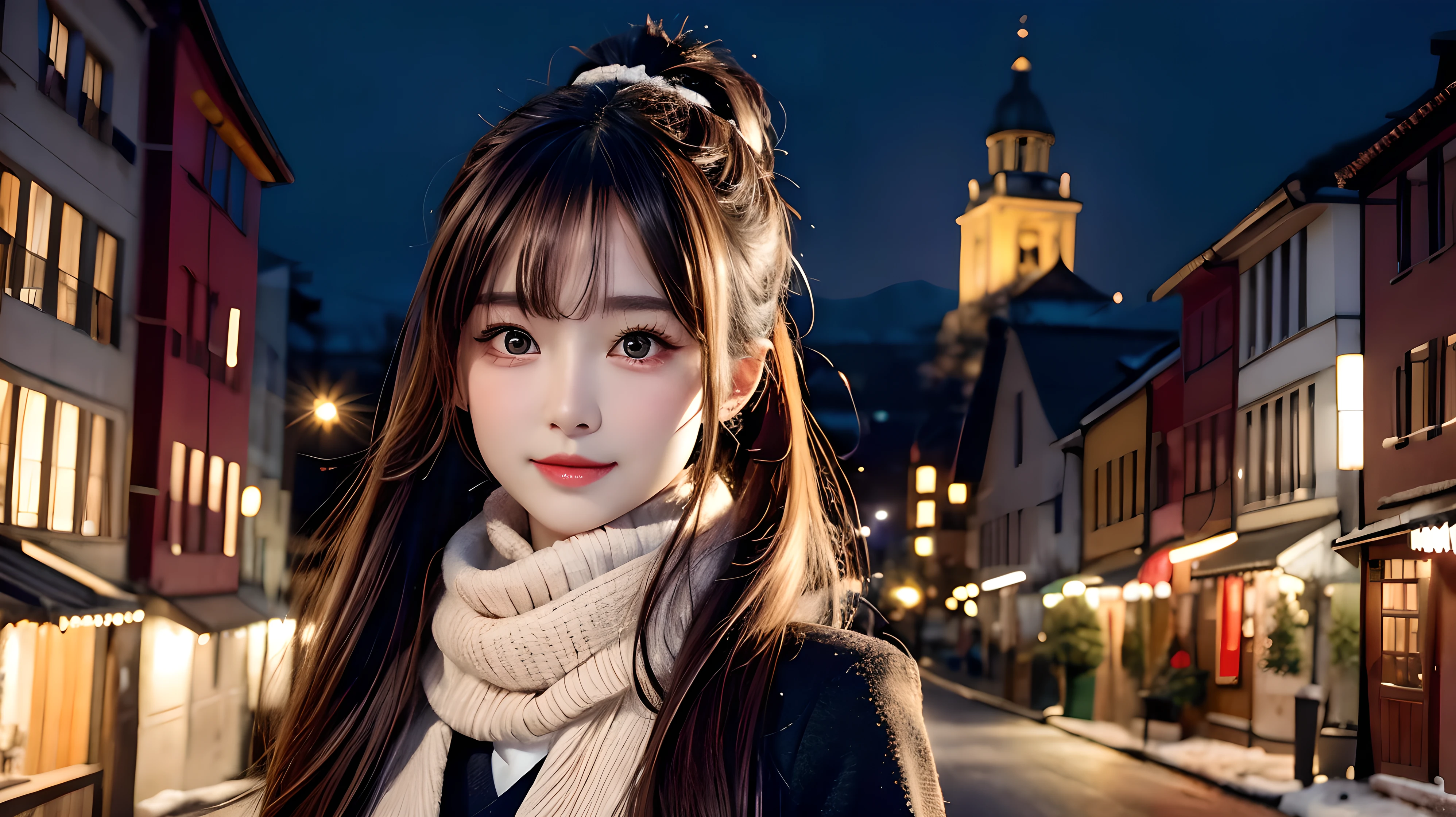 blush,long hair ponytail,big ribbon in her hair,(8K, Raw photo, best quality, muste piece:1.2), (Reality, photorealistic:1.4), (Highly detailed 8K wallpaper), Tits sharp focus, Depth of bounds written, cinematic lighting, soft light, detailed beauty eye,Shiny and smooth light brown ponytail, asymmetrical bangs, shiny skin, super detailed skin ,high resolution, high detail, detailed hairstyle, detailed beauty face, hyper real, perfect limbs, perfect anatomy ,1 Japanese girl,famous japanese idol, perfect female body,shy smile,short eyelashes,double-edged eyelids,look straight here,Hair style is ponytail,wear a ribbon, office,long ponytail hairstyle,Wearing scrunchies,wearing a long coat,The Street,Stand up straight and face me,So that the whole body can be seen,winter,warm clothes,look straight at me,wearing a scarf,It's snowing,european cityscape,cobblestone road,European churches can be seen in the background,in front of a church in europe,night time,illumination is shining,chest is small