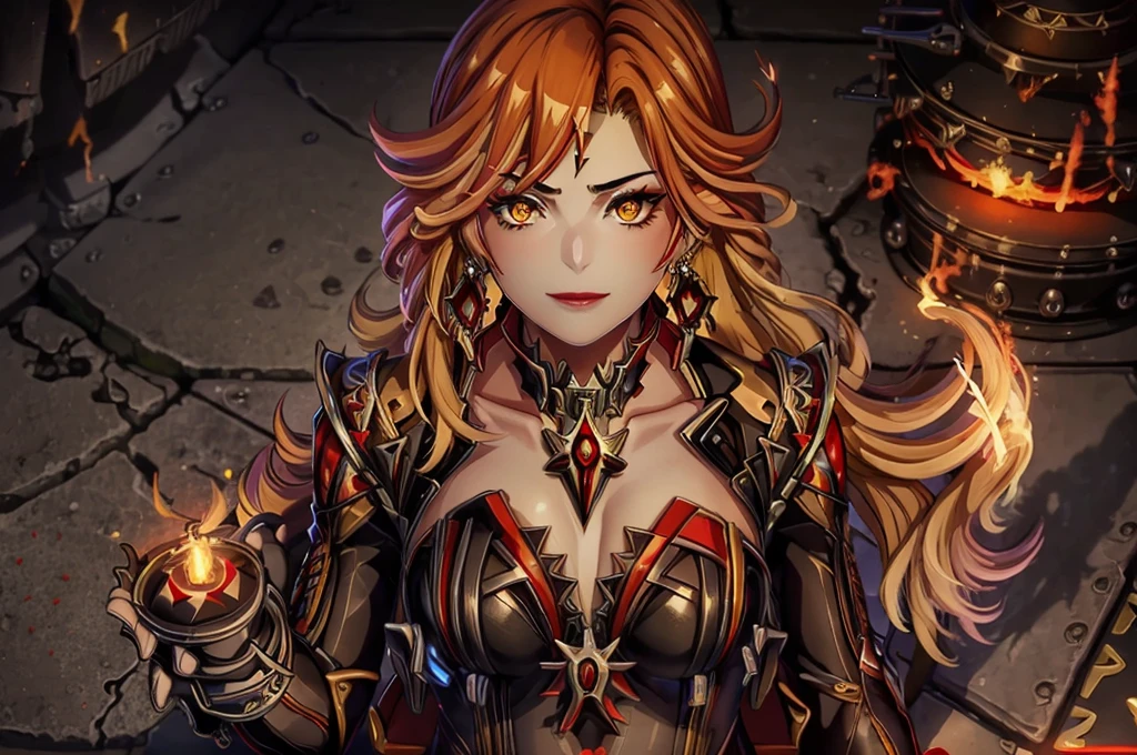 A adult girl in realistic portrait of high quality and detail, dark fantasy style, Mavuika (Genshin Impact), the sky is ablaze with bright flames in the background, depth of field, magic, big red lips, ((red and yellow eyes)), black and red full clothes, covered chest, mystical atmosphere, ominous shadows, Intense blue aura, Intense red aura (best quality:1.2), absurdres, intricate details, (highly detailed skin:1.2), smile expression, posing, taut and well defined body, attractive. Highly realistic, tanned skin, beautiful, hyperrealism, skin very elaborated, glow, eye shadow, 1girl, Depth & Perspective, smiling on her face, fine face, She is standing in the middle of the battle arena, outdoors, Aztec pyramid on the background, looking at viewer, (ultra-high detail:1.2), Masterpiece, Best Quality, Ultra-detailed, Cinematic lighting, 8K, delicate features, cinematic, 35 mm lens, f/1.9, highlight lighting, global lighting –uplight –v 4, cinematic, Cinematic lighting, 8K, high quality, Highest Quality, (Solo Focus), (extremly intricate:1.3), (Realistic), masterful, Analog style, (Film grain:1.5), (warm hue, cold tone),